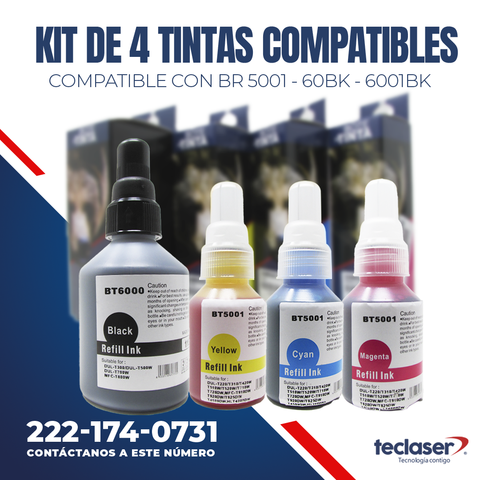 Kit de 4 Botellas de tinta Compatible BROTHER  Br6001bk, Br5001